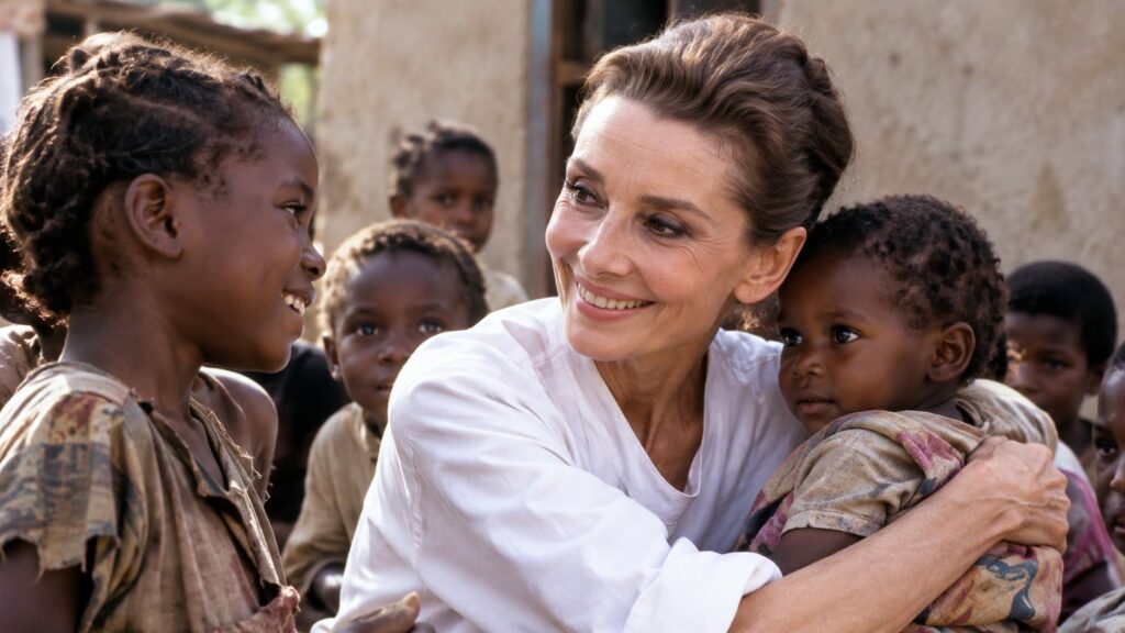 Audrey Hepburn during her humanitarian work with UNICEF showing compassion and engagement