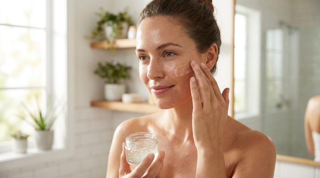 A woman gently applying the homemade aloe vera gel mixture to her clean face with soft natural light highlighting her cl