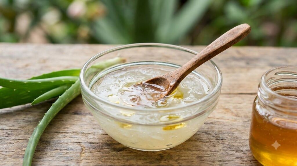 A close-up shot of a small glass bowl with the aloe vera gel honey and almond oil mixture being stirred gently with a sm