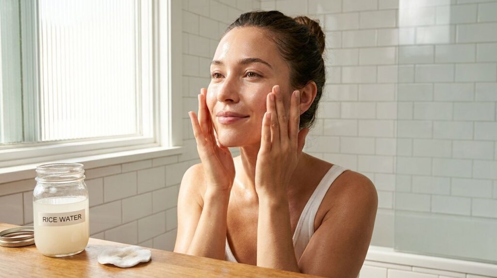 A woman gently patting her face with her fingertips after applying the rice water rinse with a cotton pad showing glowin