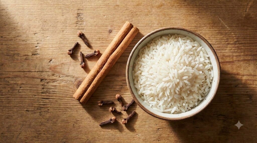 Individual ingredients laid out on a clean surface a small bowl of white rice a cinnamon stick and a scattering of whole