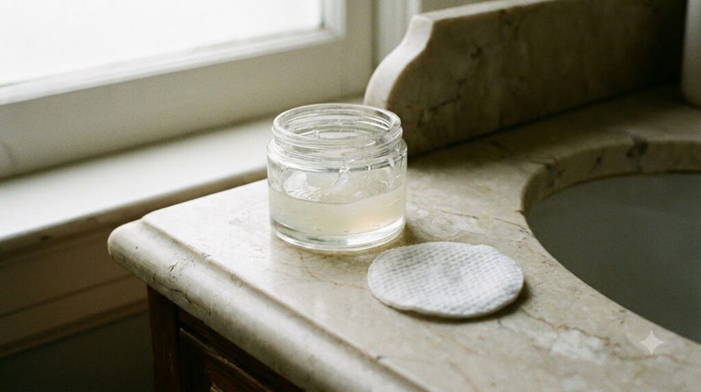 A jar of Vaseline Original Protecting Jelly next to a cotton pad on a bathroom vanity suggesting use for skincare or mak