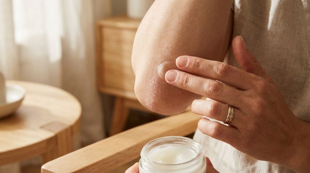 A person s hands applying Vaseline to a dry patch on their elbow or knee