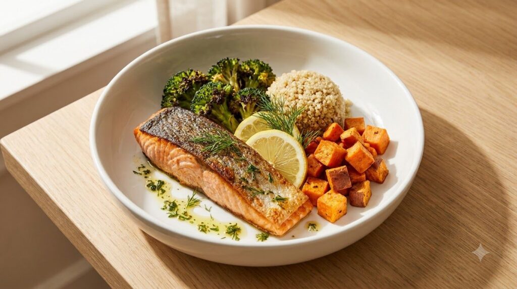 A beautifully plated dinner of baked salmon roasted broccoli and sweet potato and a small serving of quinoa presented in