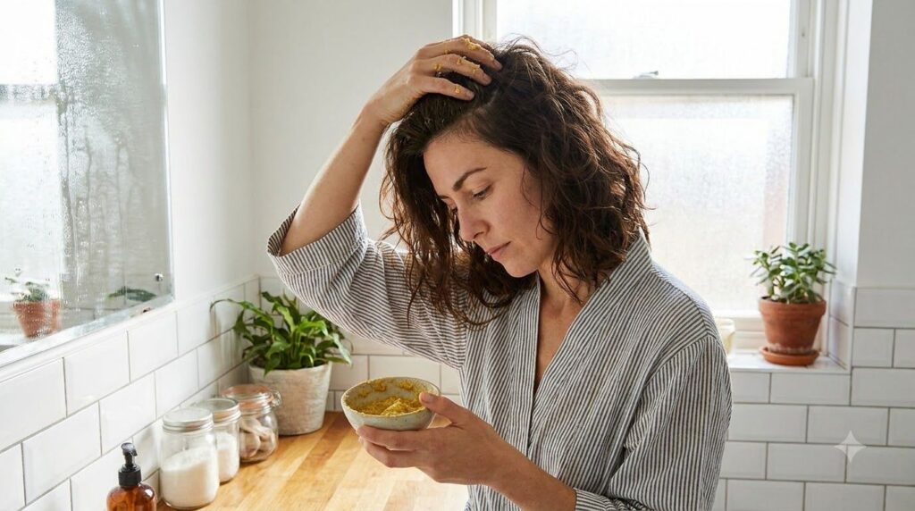 A woman gently massaging an onion hair scrub into her scalp
