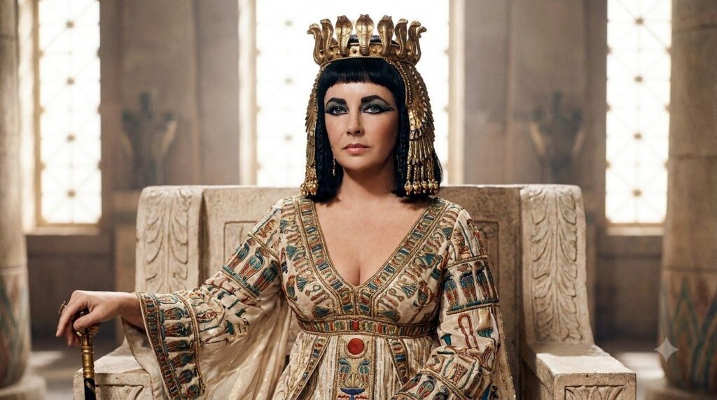 Elizabeth Taylor in her iconic role as Cleopatra wearing elaborate Egyptian costume and makeup looking regal