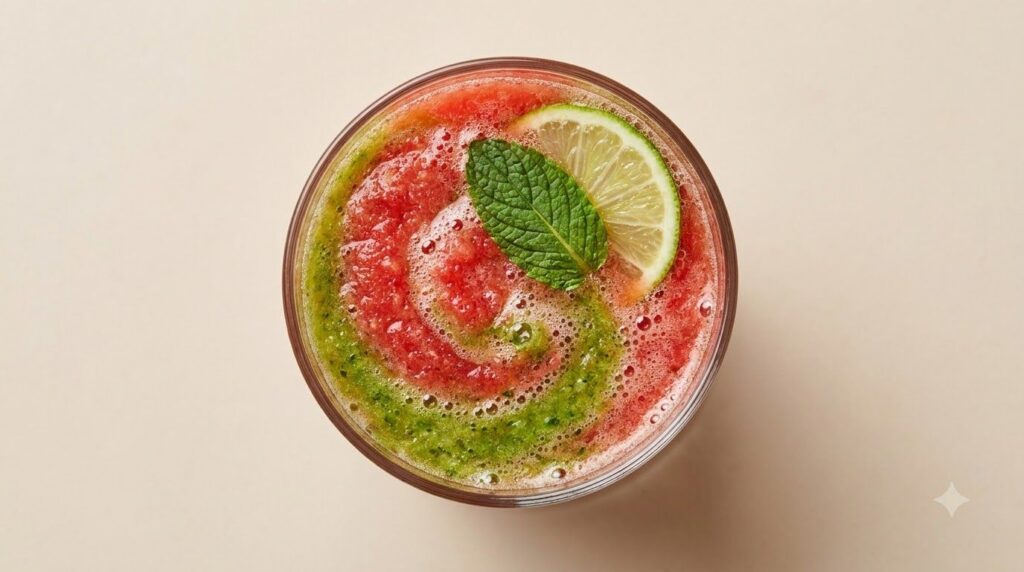A close-up of the freshly blended watermelon-cucumber drink in a glass with a garnish of mint and a lime wedge
