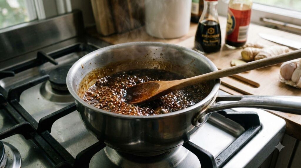 A small saucepan with Asian marinade simmering and thickening into a glossy glaze on a stovetop