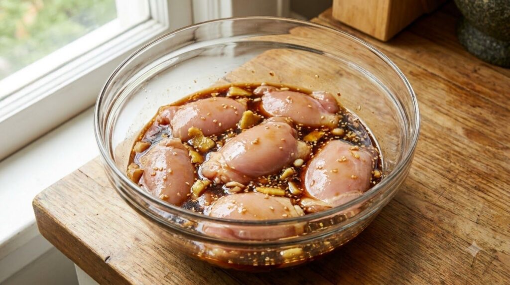 Raw chicken thighs marinating in a bowl with Asian sauce ready for cooking