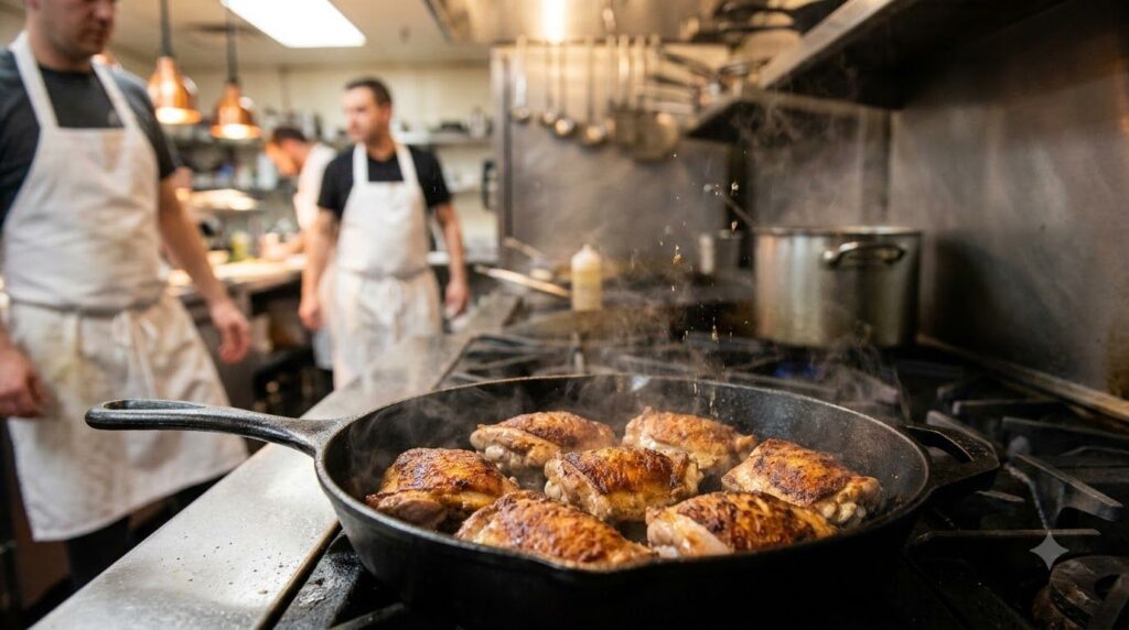 Chicken thighs searing in a hot skillet developing a golden crust and sizzle