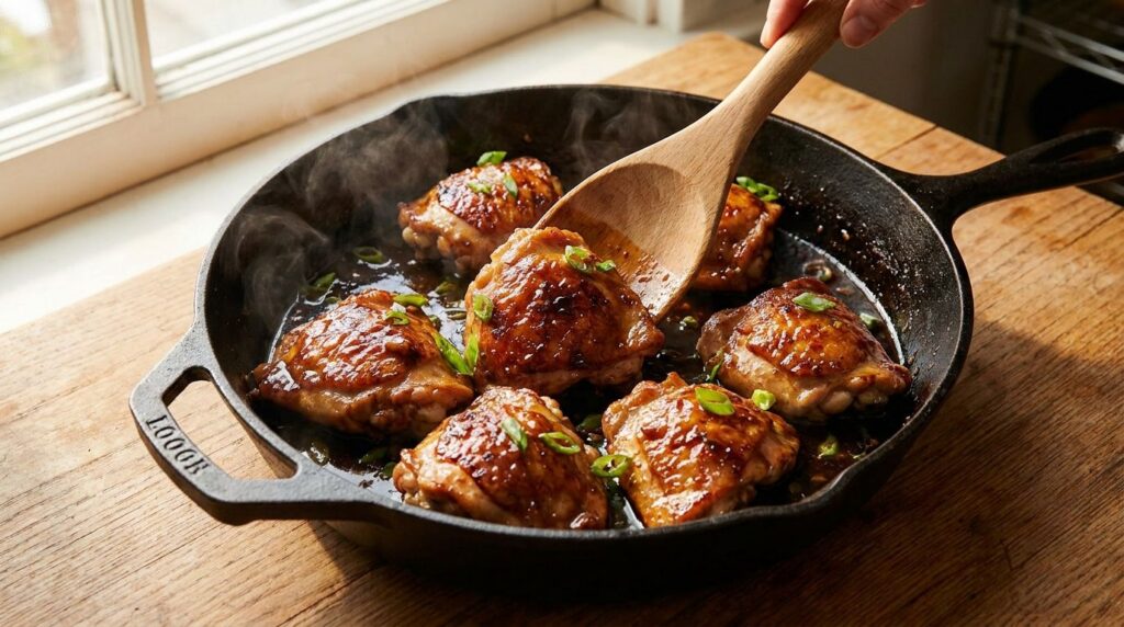 Cooked chicken thighs being tossed in a thickened Asian glaze in a skillet glistening