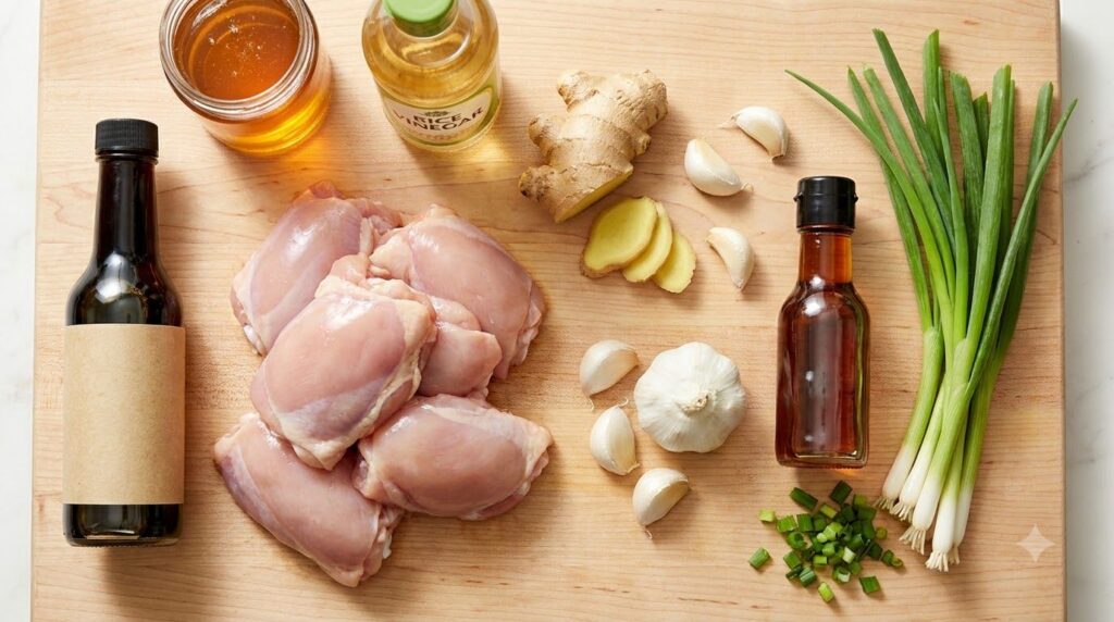 Ingredients for Asian Glazed Chicken Thighs laid out on a wooden cutting board boneless skinless chicken thighs soy sauc