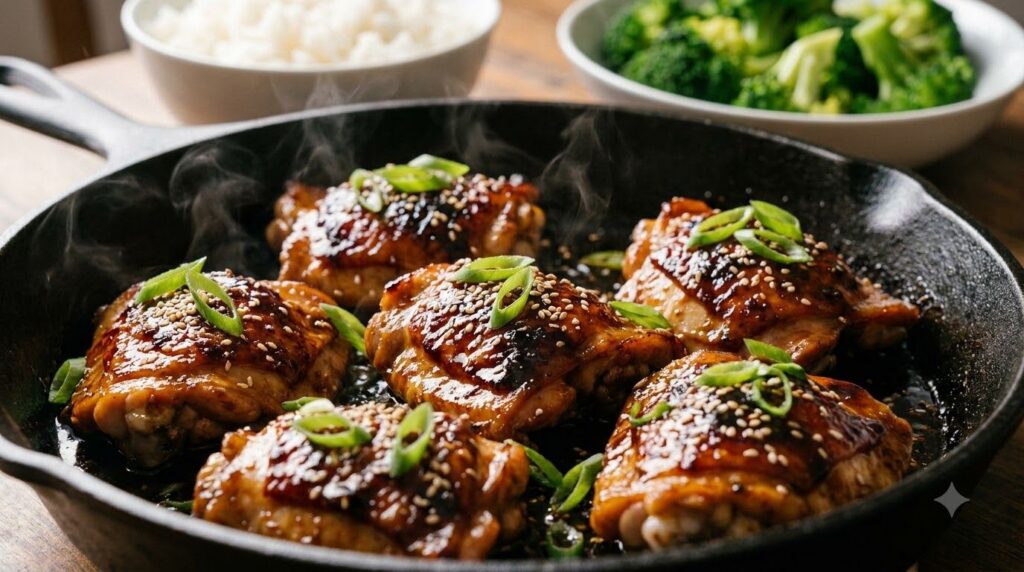 A close-up shot of cooked Asian Glazed Chicken Thighs in a skillet glistening with a rich savory-sweet sauce garnished w