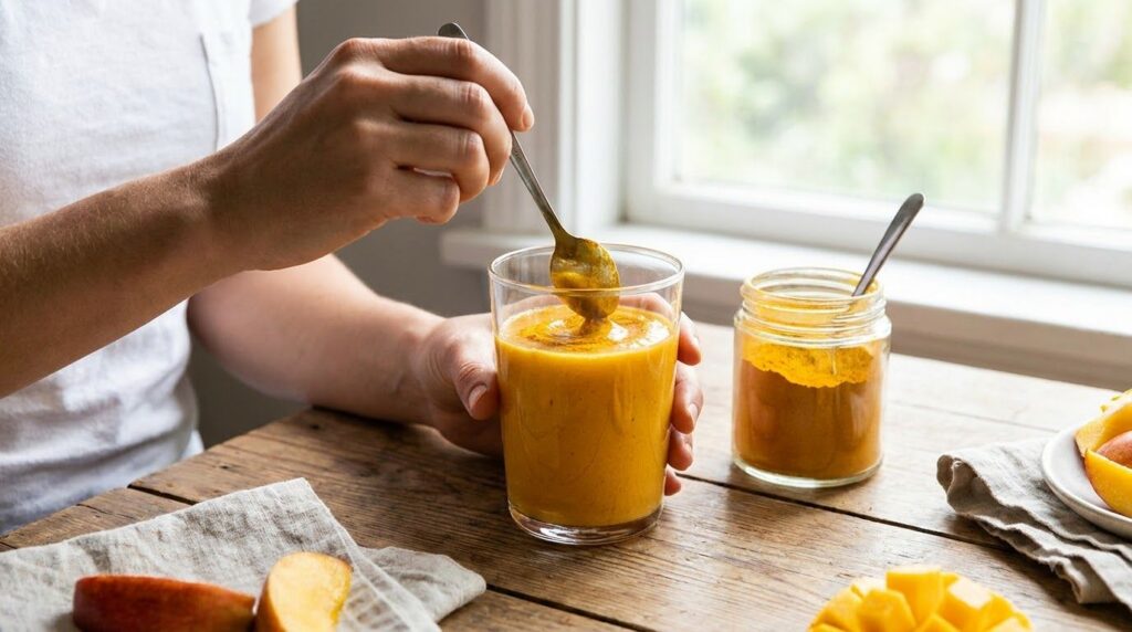 A person stirring two spoons of the golden beauty powder blend into a glass of orange smoothie