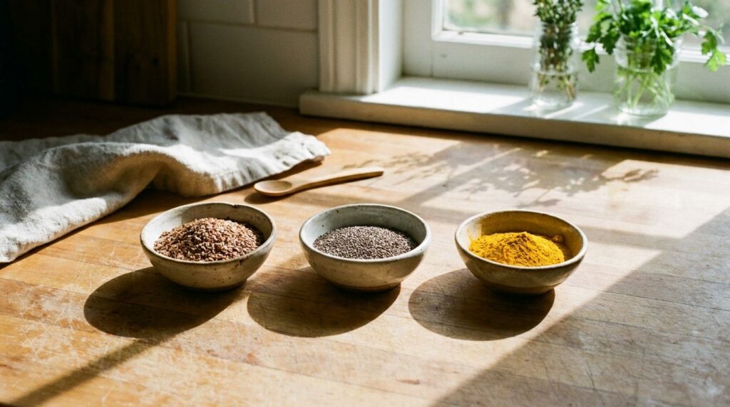 Three small bowls containing ground flax seeds chia seeds and turmeric powder laid out on a clean kitchen counter