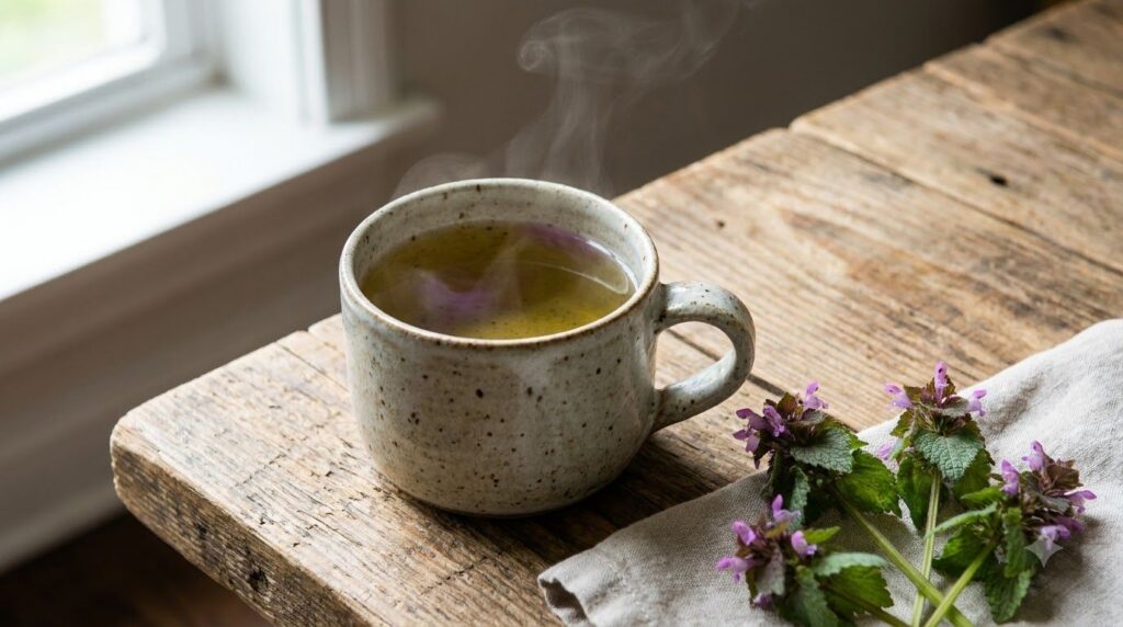 A steaming mug of purple dead nettle tea with light reflecting off the surface suggesting warmth and comfort