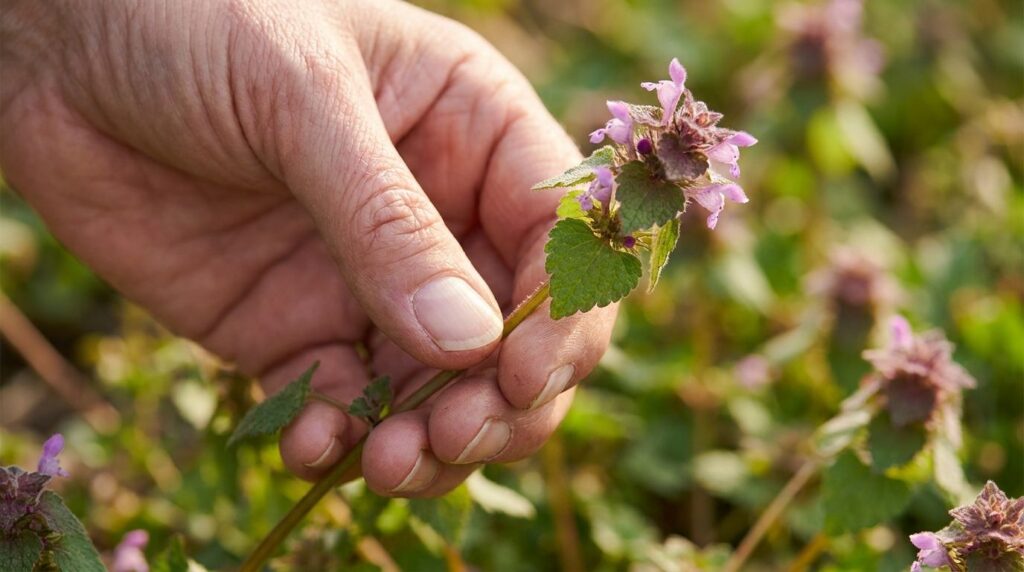 A final shot of a hand gently holding a sprig of purple dead nettle emphasizing its natural beauty and the idea of respe