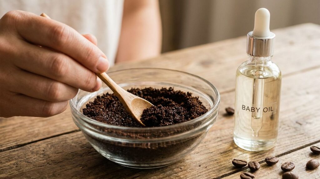 A close-up of a small glass bowl with finely ground coffee with a clear bottle of baby oil nearby A hand gently mixes th