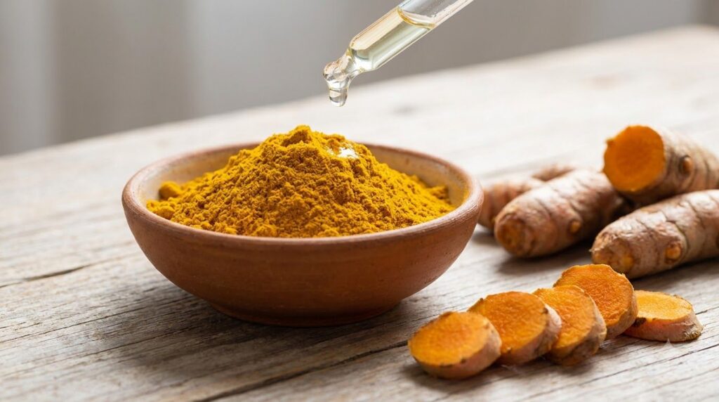 A small ceramic bowl with vibrant yellow turmeric powder with a single drop of clear baby oil being added from a dropper
