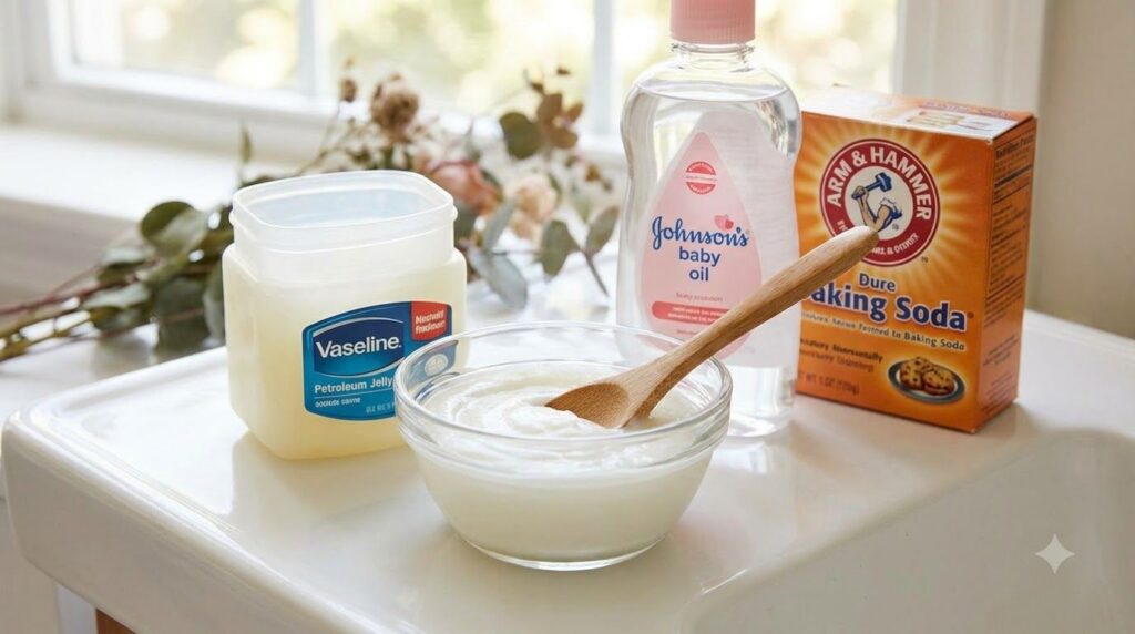 Close-up of a small glass bowl containing a creamy white DIY balm with a wooden spoon resting inside The ingredients Vas