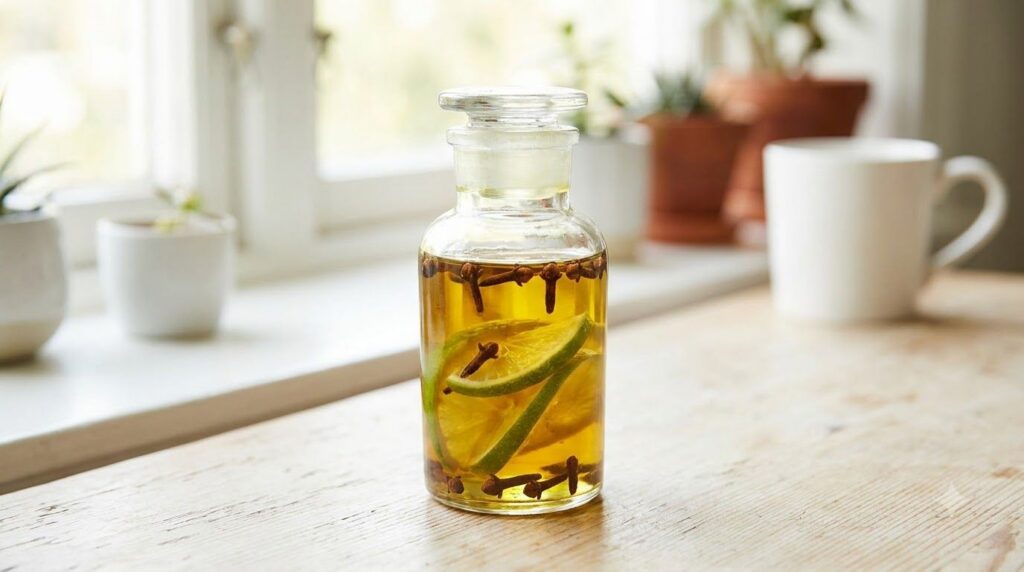 A close-up of the prepared baby oil lime and clove mixture in a small bottle ready for use on a clean light surface