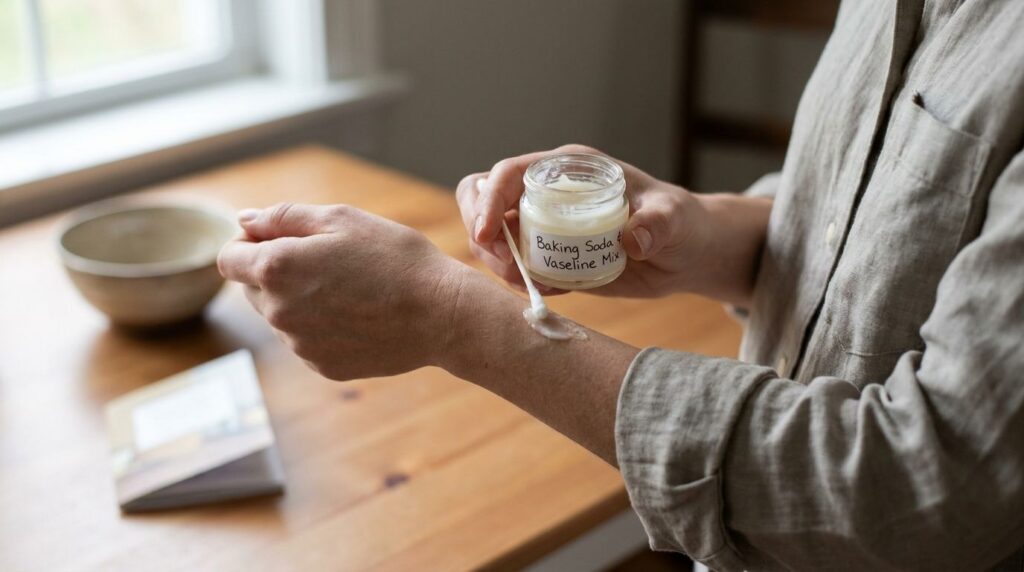A person gently applying a DIY Vaseline and baking soda mixture to a small non-sensitive area of their hand for a patch 