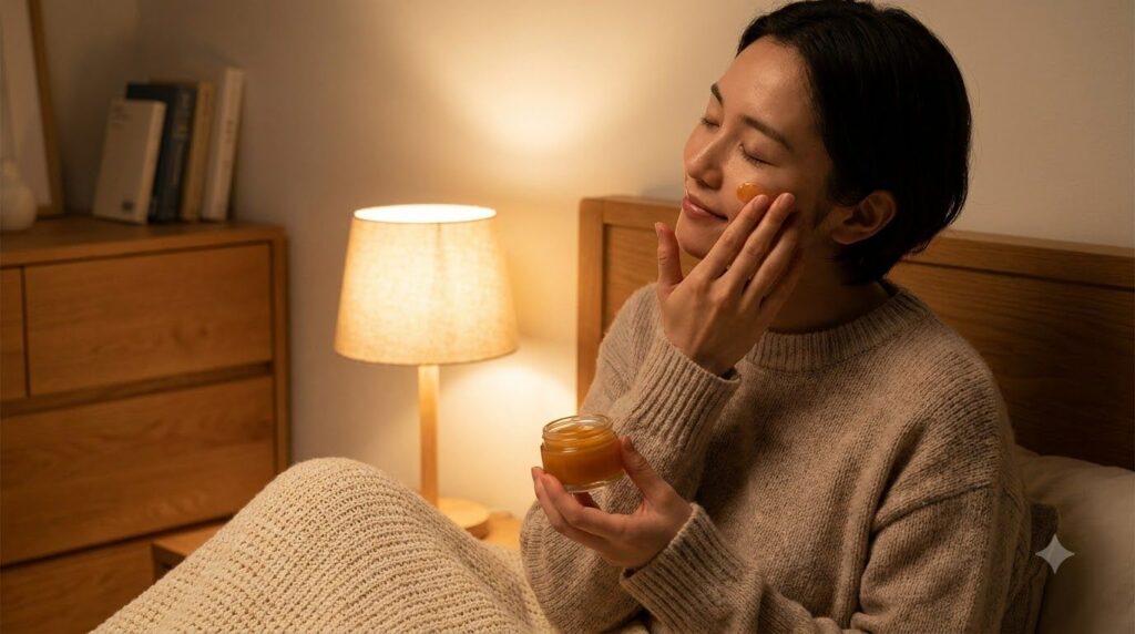 A serene scene of a person applying a golden-hued balm to their face before bed with soft warm lighting Their eyes are c