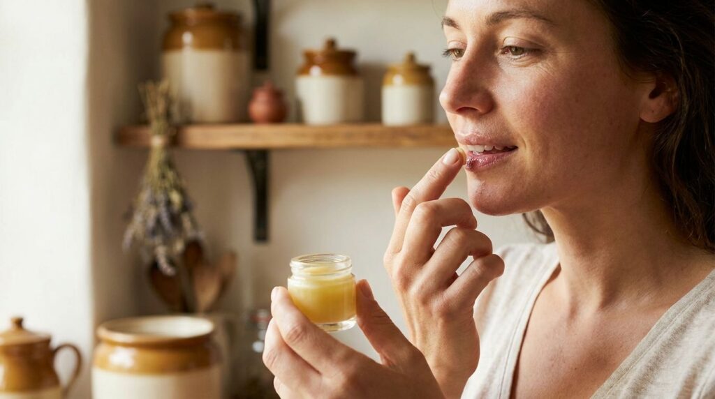 A woman gently applying a small amount of the Vaseline and almond oil blend to her lips with her fingertip showing soft 