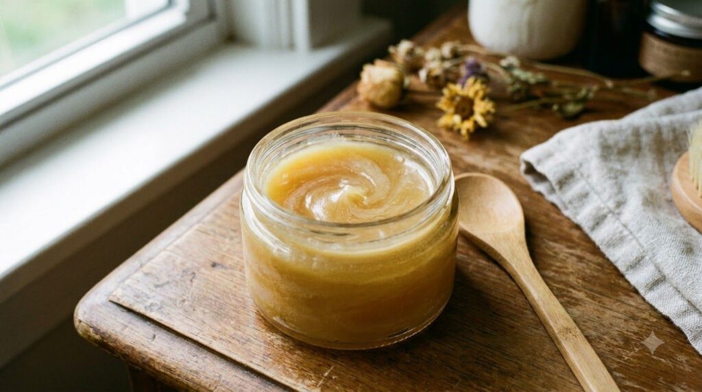 A small clean glass jar filled with the freshly made Vaseline and honey blend showcasing its smooth slightly translucent
