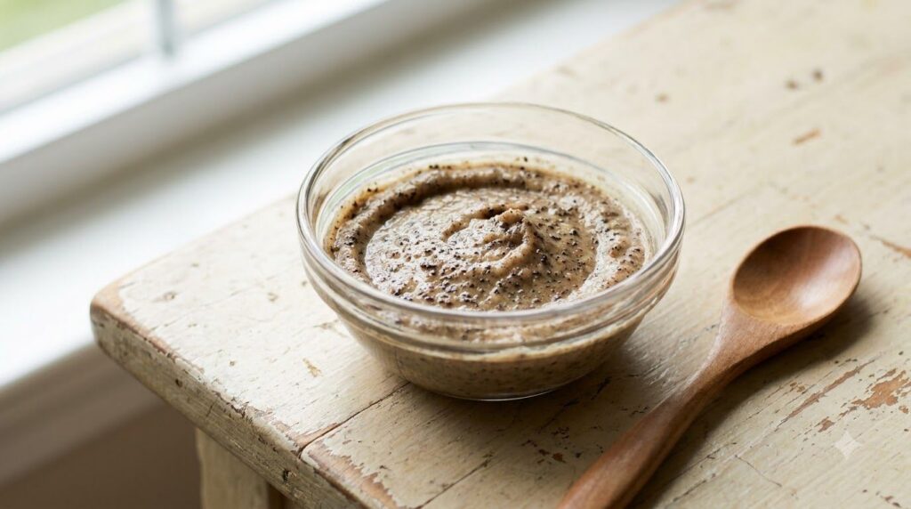 A small glass bowl filled with a creamy brownish mixture of Vaseline baby oil coffee grounds and vitamin E freshly mixed