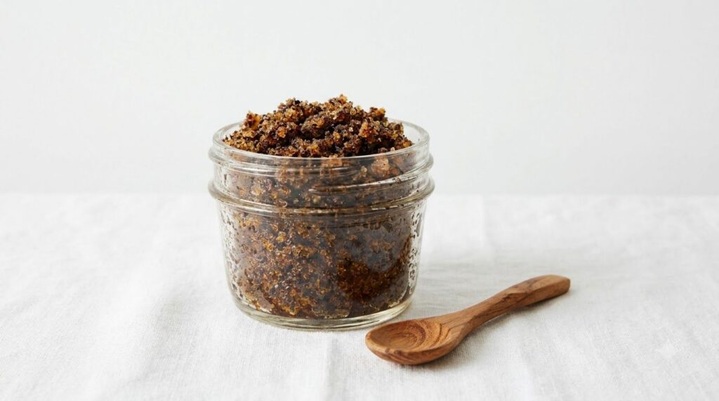 A close-up of a small glass jar containing a homemade coffee and Vaseline scrub with a tiny wooden spoon beside it on a 