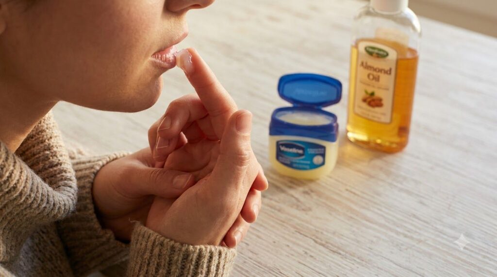 A person gently applying Vaseline to their lips with a jar of Vaseline and a bottle of almond oil visible in the backgro