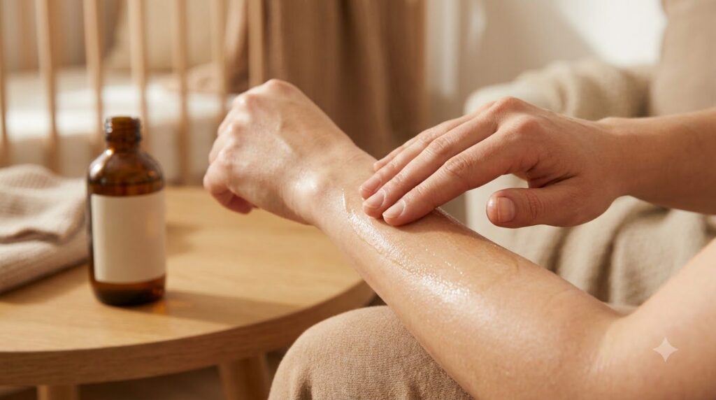 A hand gently massaging baby oil onto a forearm showing smooth hydrated skin The bottle of baby oil is slightly blurred 