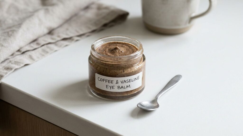 A small clear glass jar filled with a homemade coffee and Vaseline under-eye cream with a tiny spoon next to it on a cle