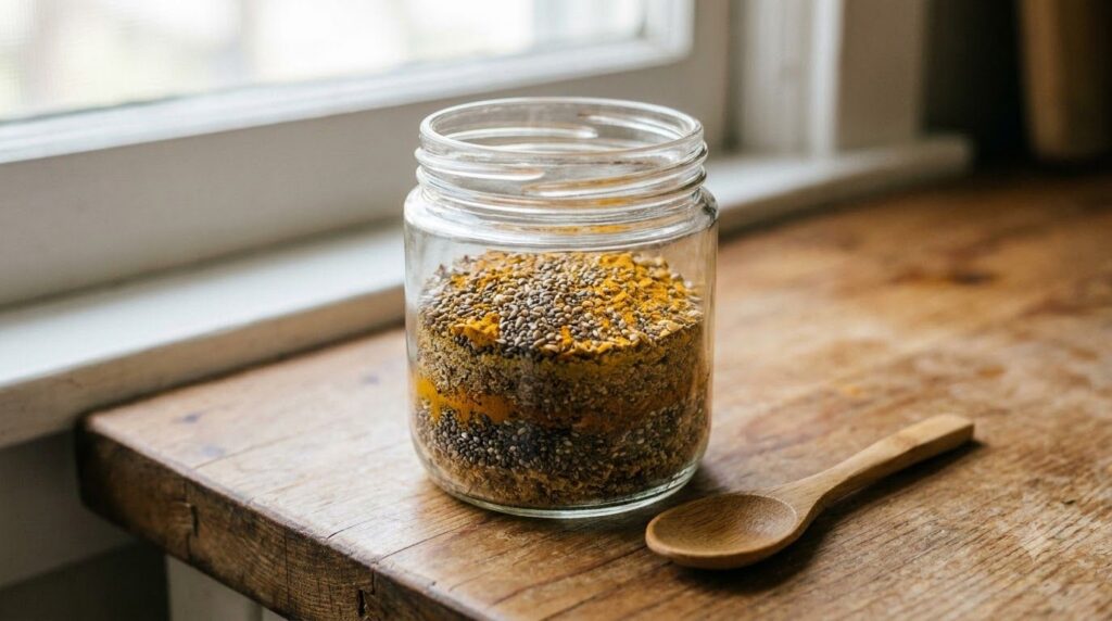 An open glass jar filled with the prepared beauty blend of chia seeds ground flax seeds and turmeric next to a small woo