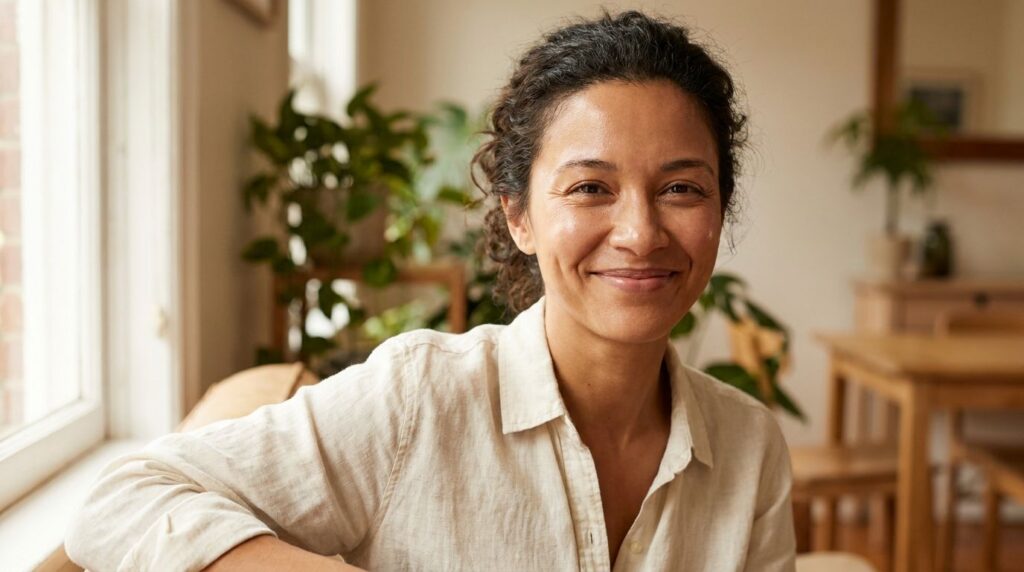 A woman smiling with clear radiant skin looking happy and healthy against a soft bright background