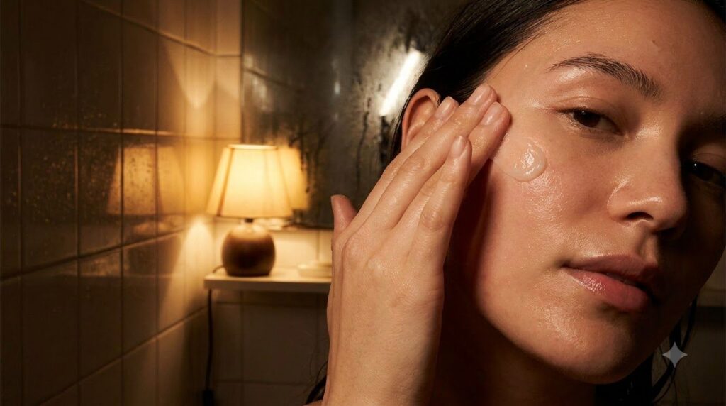 A person s hand gently applying a translucent balm to their clean face at night demonstrating the Vaseline and baby oil 
