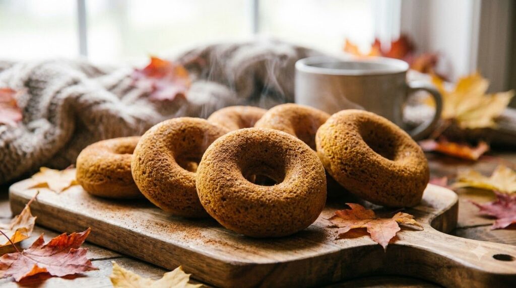 Warm-toned healthy pumpkin spice baked donuts with a light dusting of cinnamon arranged on a rustic wooden board with au