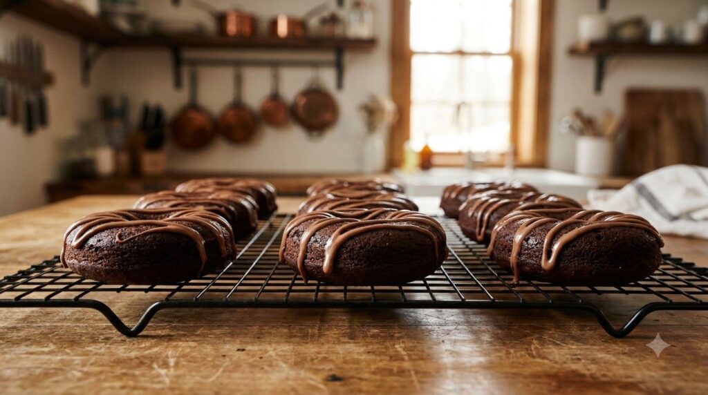 Healthy chocolate baked donuts with a light chocolate drizzle arranged artfully on a cooling rack with a rich brown colo