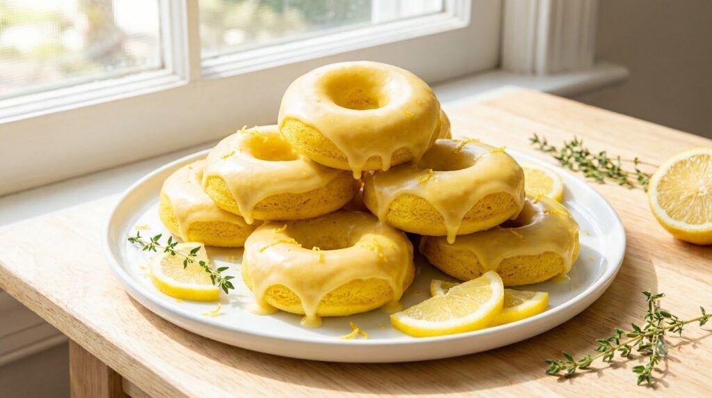 Brightly colored healthy lemon glazed baked donuts on a white plate with fresh lemon slices as garnish showcasing a smoo