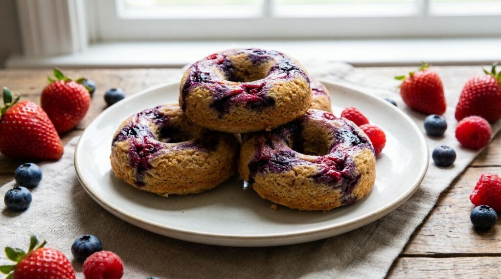 Healthy baked donuts with vibrant berry swirls visible on the surface presented on a light ceramic plate with a few fres