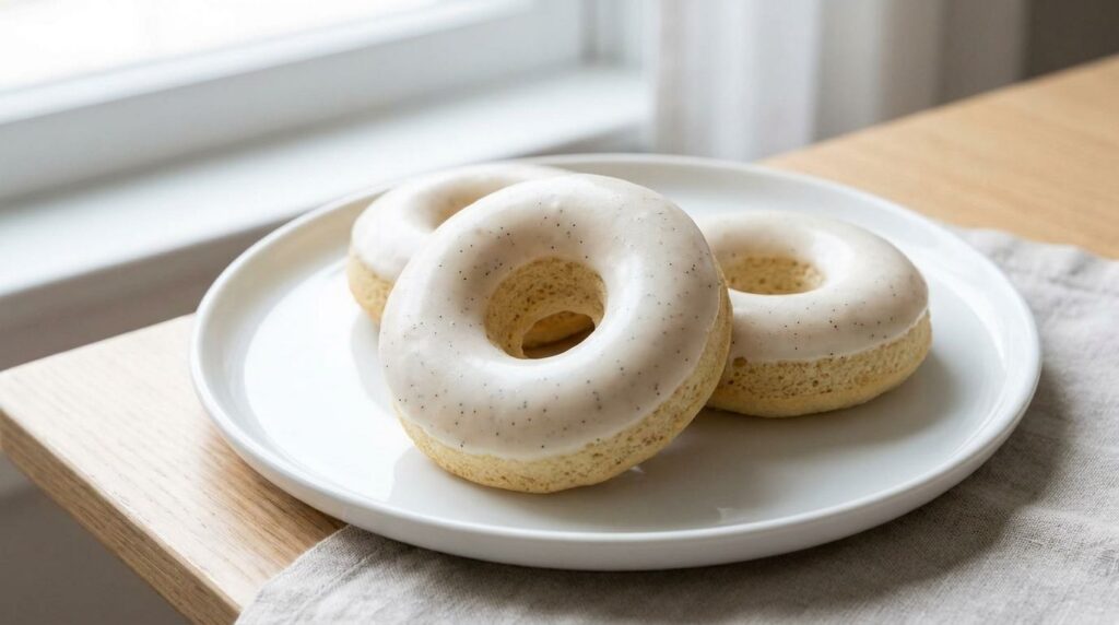 Elegant healthy vanilla bean baked donuts simply glazed with a white vanilla glaze and speckled with vanilla bean seeds 