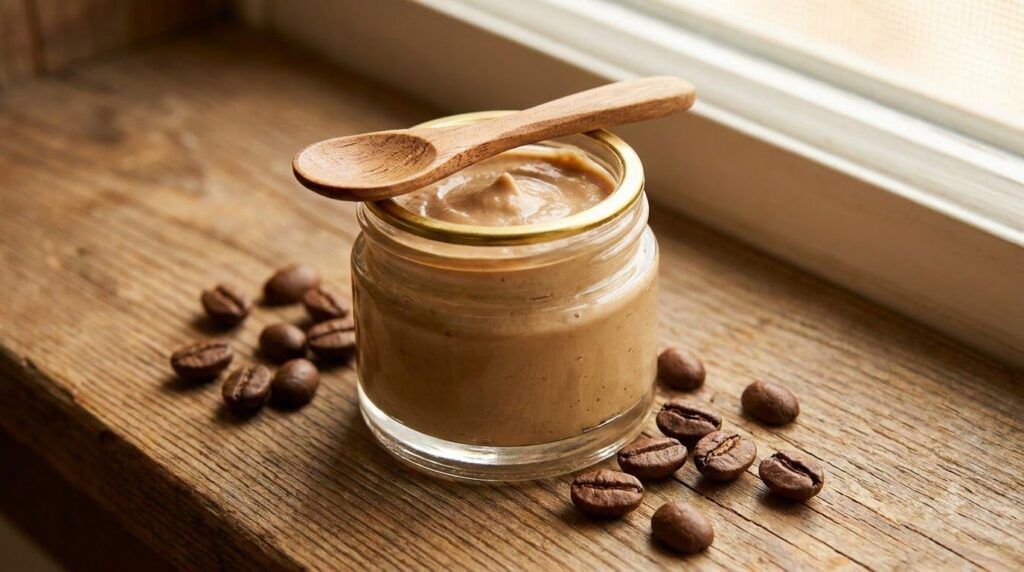 A small delicate jar of homemade under-eye cream with coffee grounds and Vaseline next to a coffee bean and a small spoo