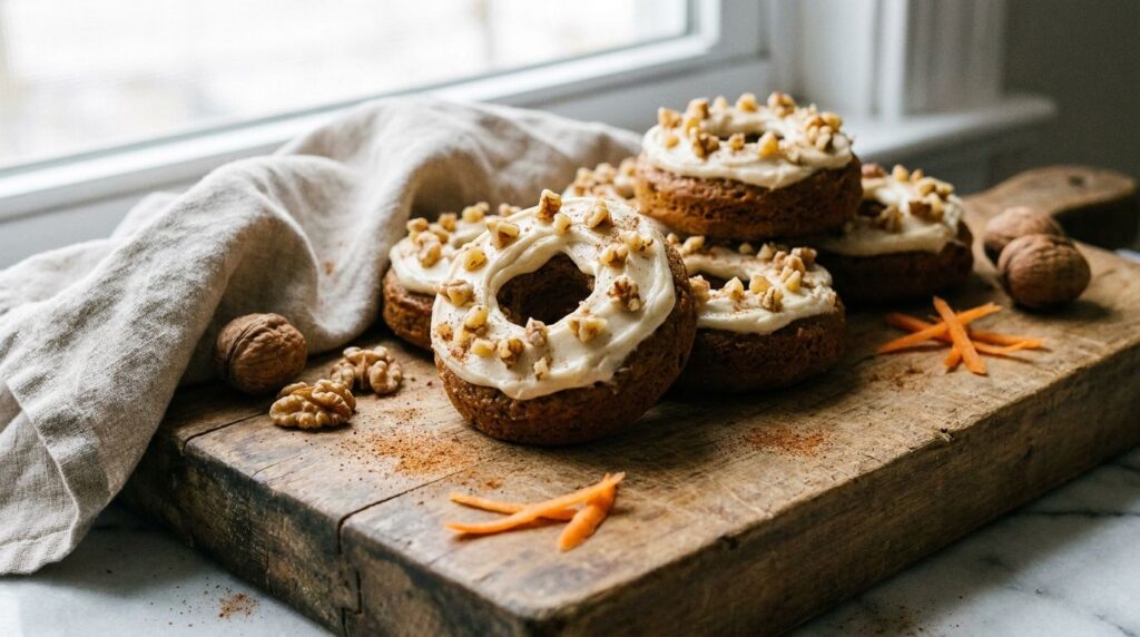 Healthy carrot cake baked donuts topped with a light cream cheese-style frosting and a sprinkle of chopped walnuts arran
