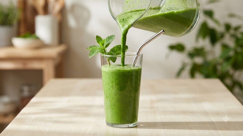 A freshly blended green smoothie poured into a tall glass garnished with a mint sprig and a straw on a light background