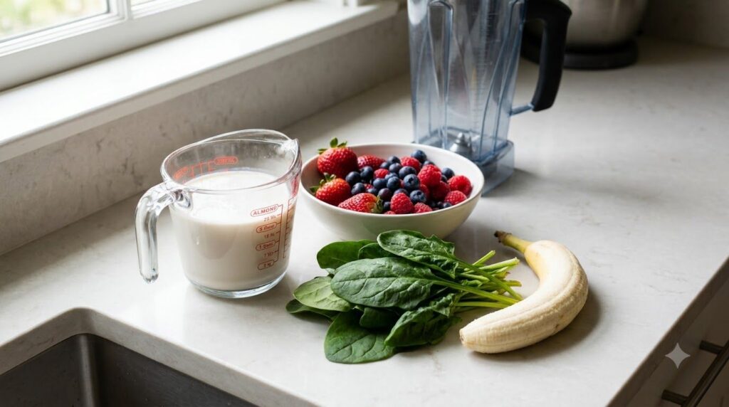 Various fresh fruits and vegetables like berries spinach banana and a liquid base in a measuring cup laid out on a clean