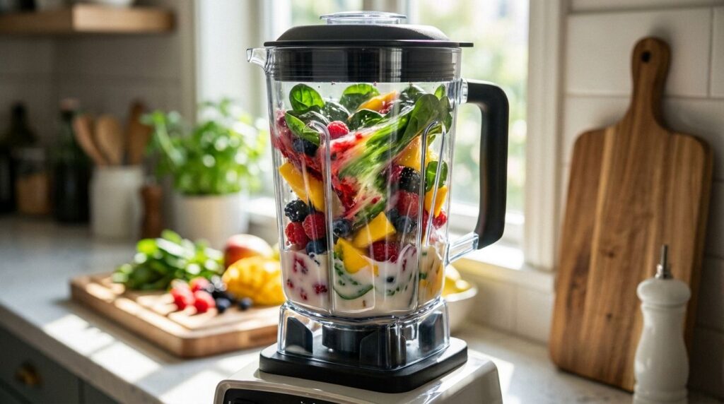 A blender in action with colorful ingredients visibly swirling and blending inside the clear jar creating a smooth drink