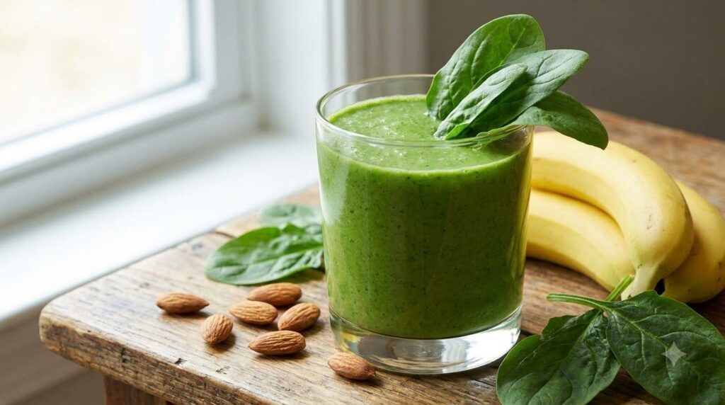 A green spinach banana smoothie in a glass with fresh spinach leaves artfully placed near the rim A few whole almonds ar