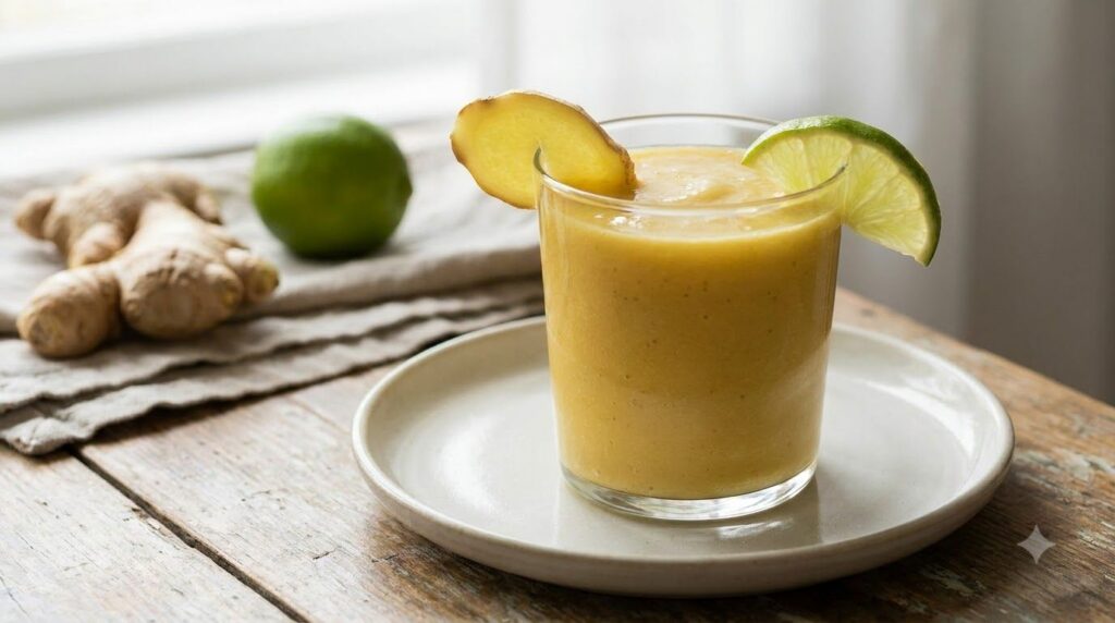 A vibrant yellow ginger banana smoothie in a glass garnished with a thin slice of fresh ginger and a lime wedge A ginger