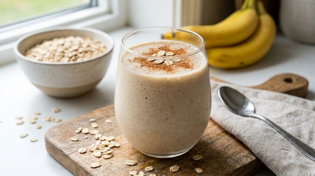 A creamy oat banana smoothie in a glass with a sprinkle of cinnamon on top and a few rolled oats visible A wooden cuttin